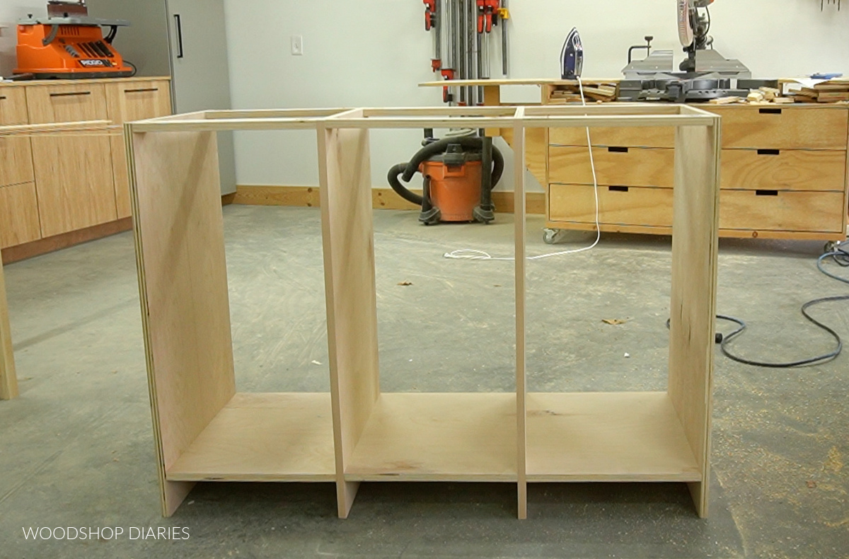 Sliding Door Cabinet body assembled on workbench floor