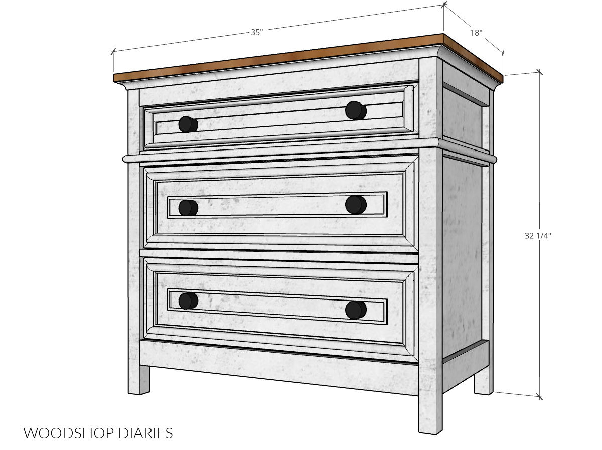 Dimensional diagram of DIY oversized nightstand computer graphic