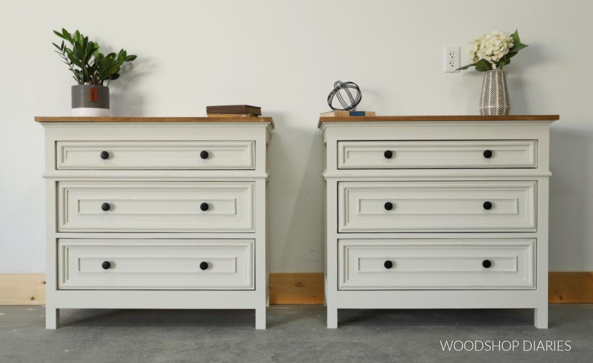 Two 3 drawer DIY oversized nightstands sitting side by side with black knobs 