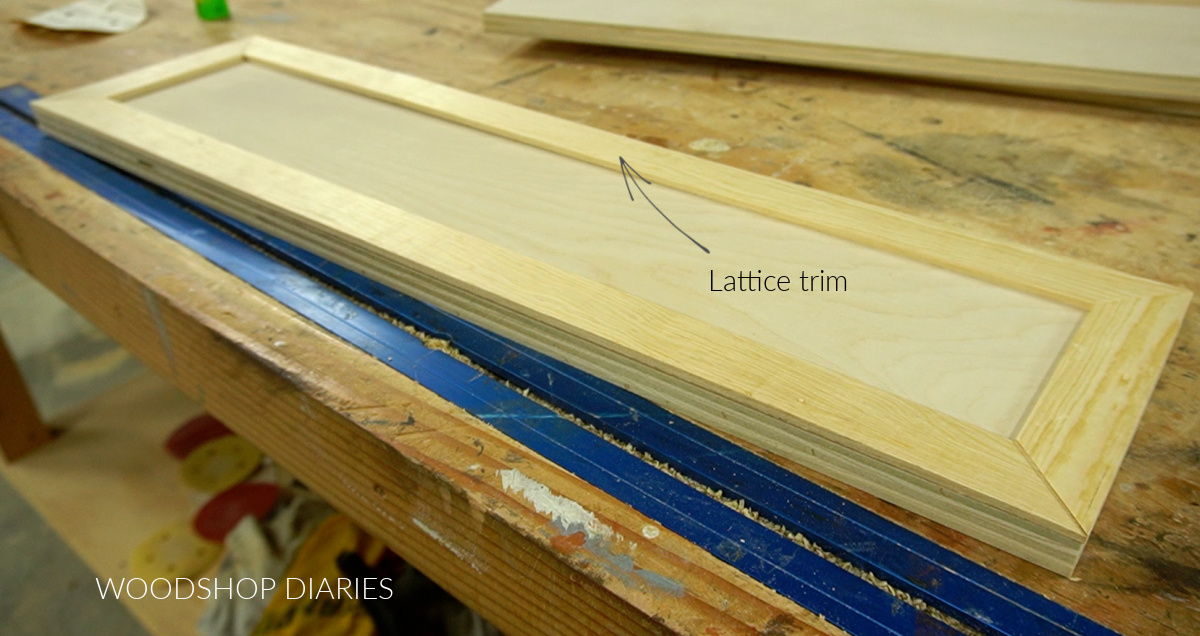 Lattice trim glued onto plywood drawer fronts