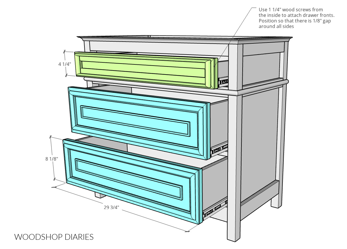 Computer diagram showing attaching drawer fronts to nightstand drawers