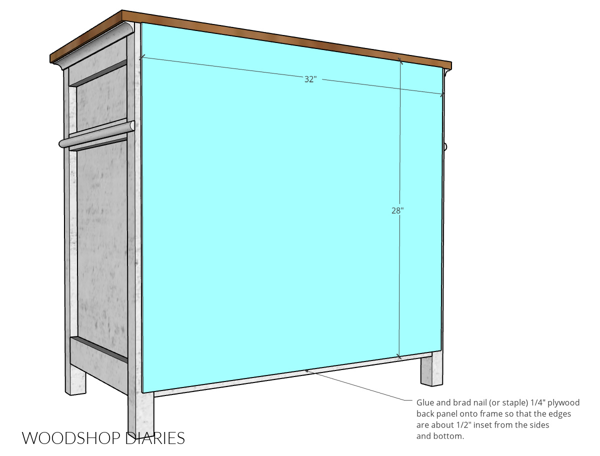 Computer diagram with dimensions--attaching back panel to nightstand frame