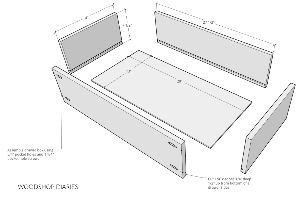 Exploded view of DIY oversized nightstand drawer box pieces with dimensions