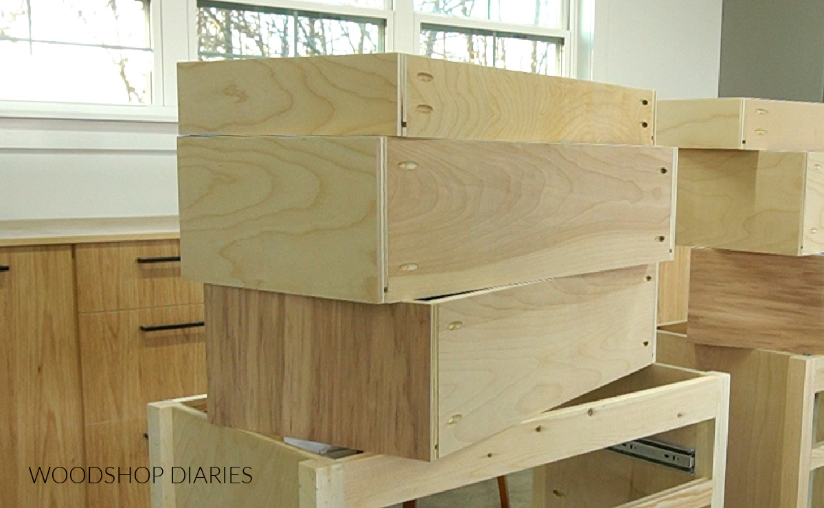 3 assembled and completed drawer boxes stacked on top of each other