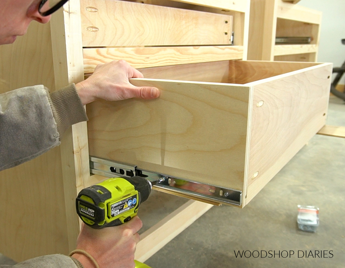 Shara Woodshop Diaries installing drawer boxes onto drawer slides for DIY nightstand