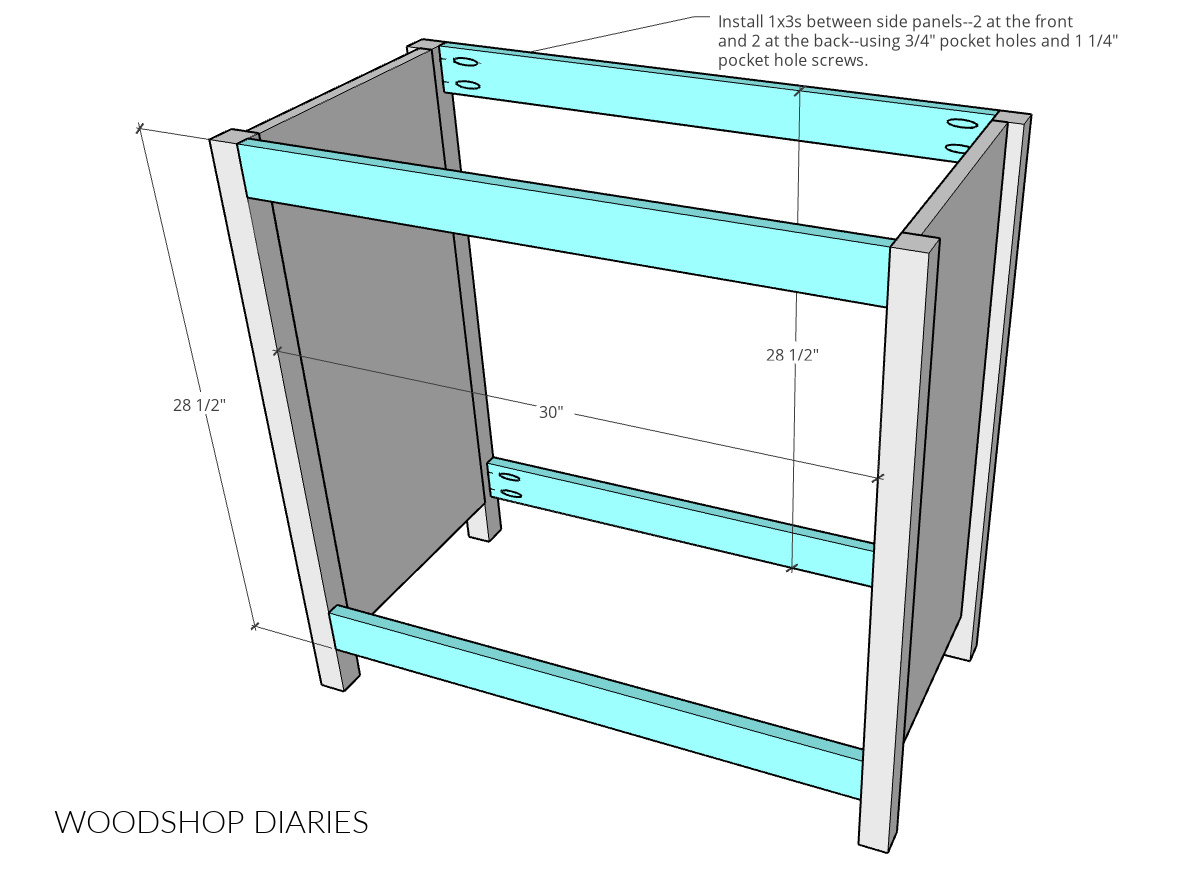 Computer diagram showing dimensions of nightstand frame