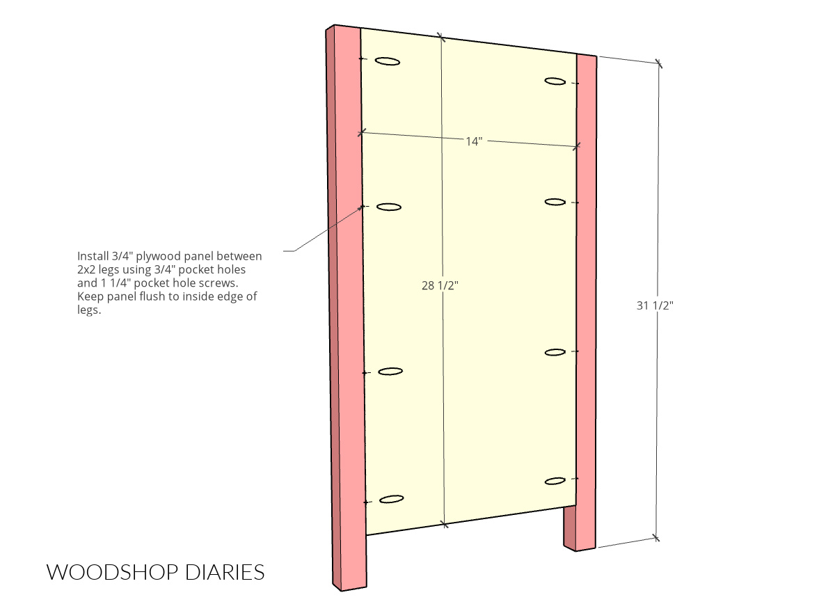Computer drawn diagram showing the side panel dimensions of DIY oversized nightstand
