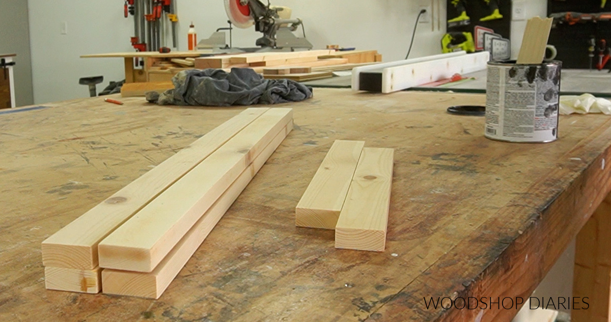 Rolling storage cart leg/frame pieces cut to length laid out on workbench