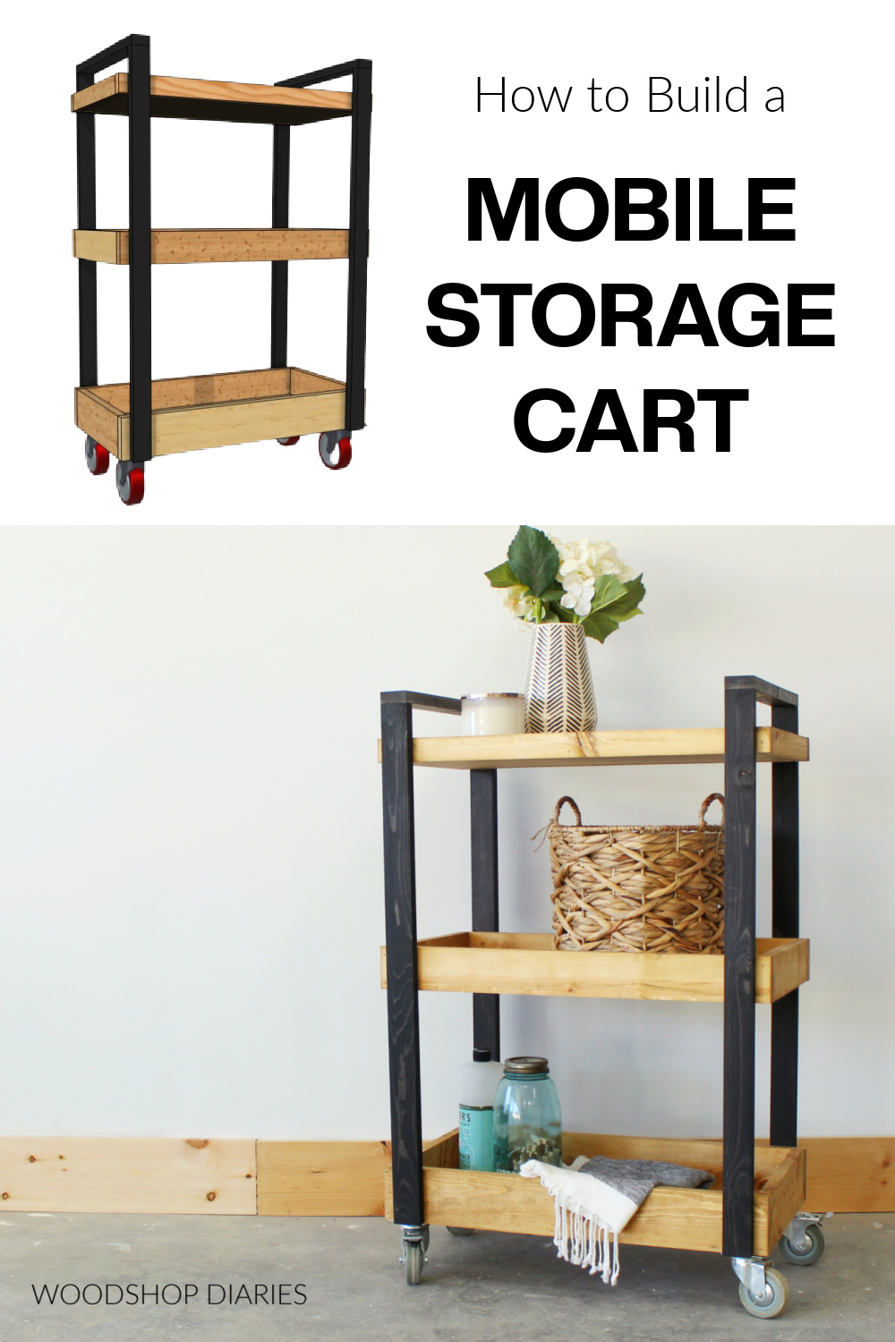 Mobile storage cart pinterest collage with diagram of MakeByMe rendering at top and completed project at bottom with text "how to build a mobile storage cart"