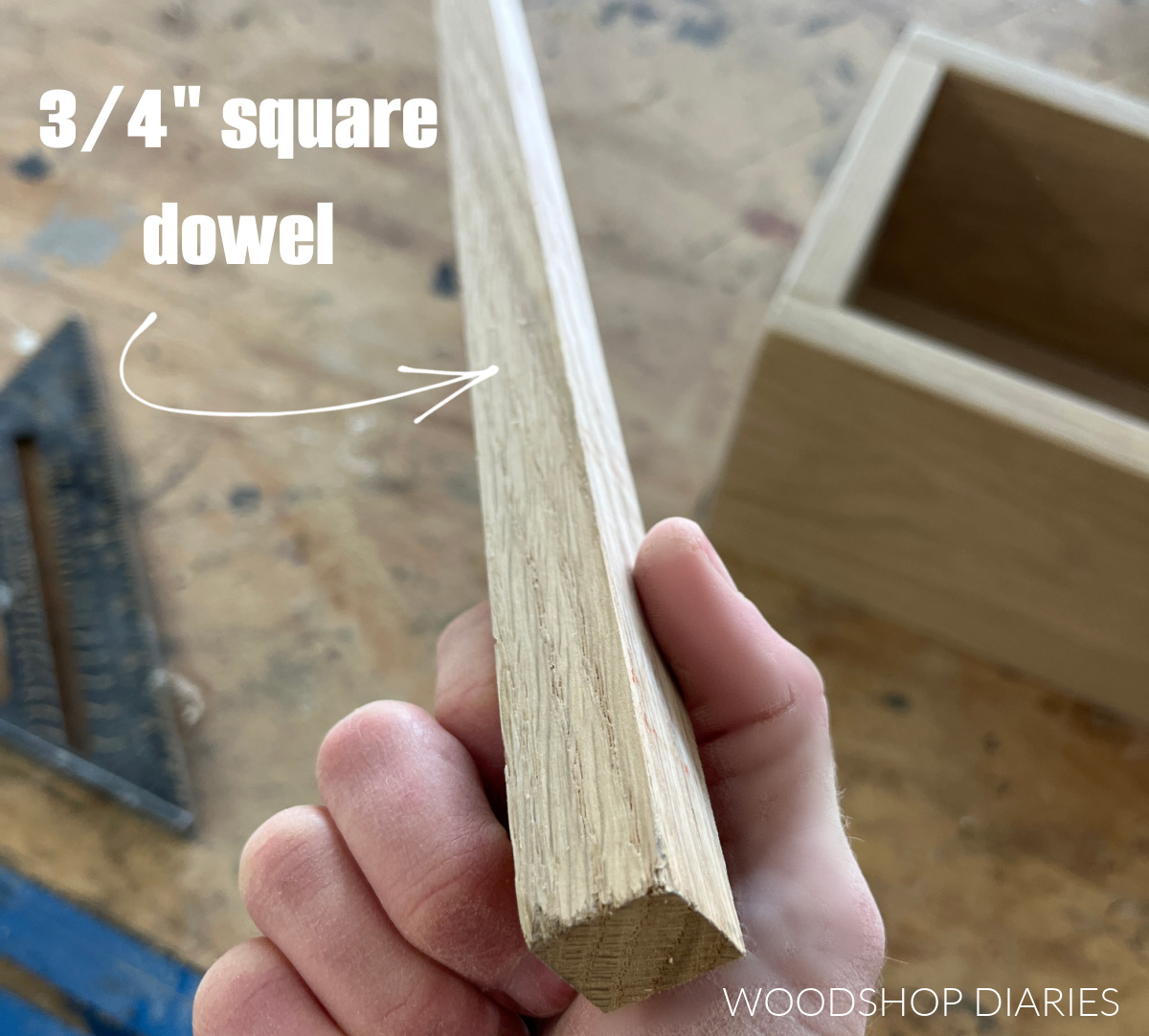 Close up of ¾" square dowel