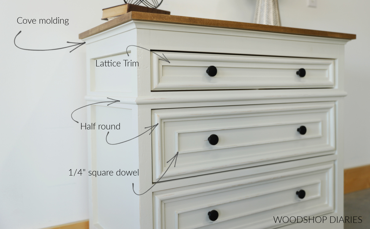Decorative drawer fronts on DIY nightstand project--arrows pointing to the different types of trim installed on the fronts