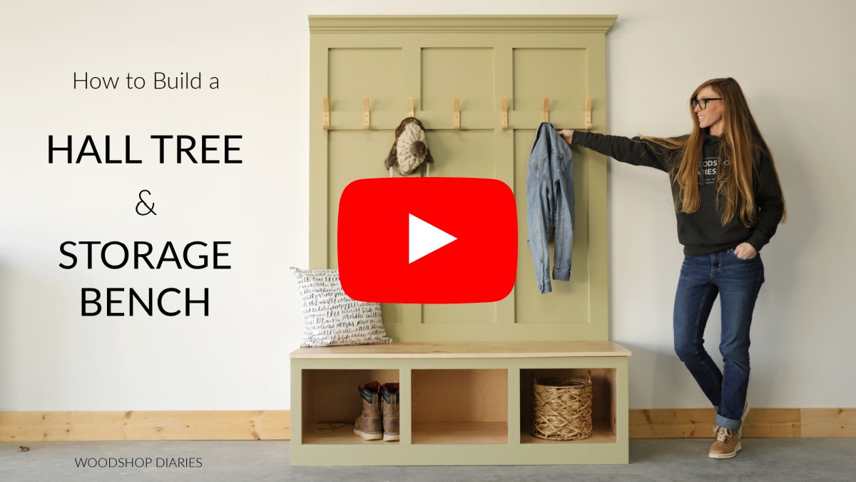 YouTube thumbnail for hall tree and storage bench build video