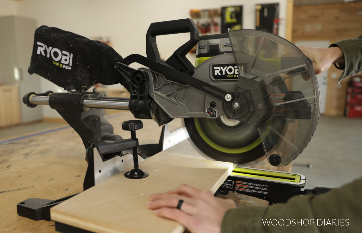 Ryobi 10" compound sliding ONE+ 18V miter saw cutting plywood shelf