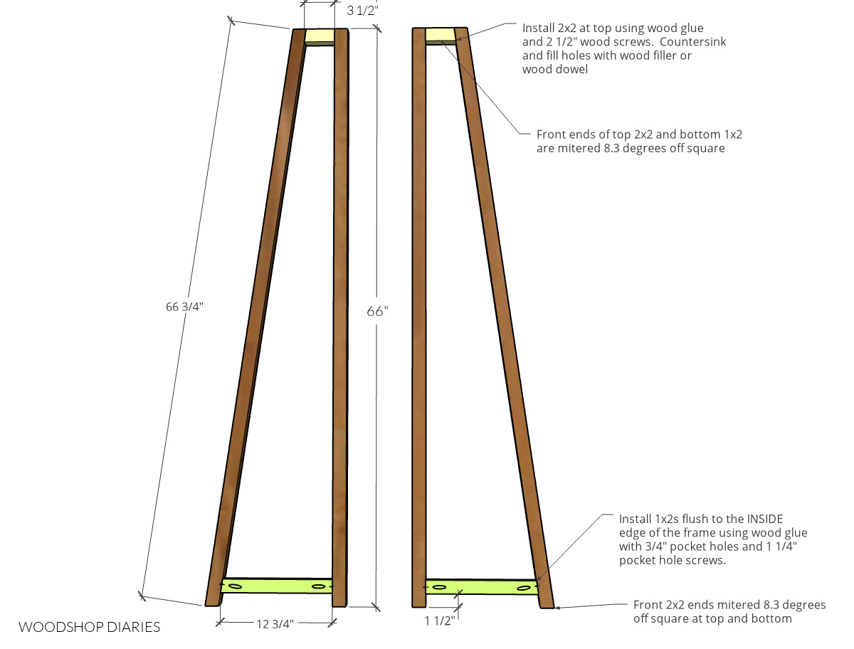 Diagram showing ladder bookshelf side frame assembly