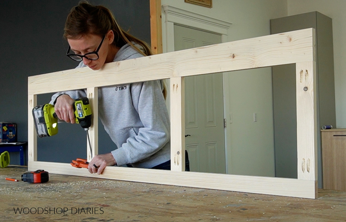 Shara Woodshop Diaries assembling face frame on workbench using pocket holes