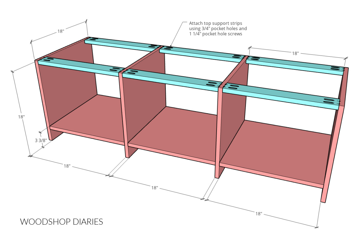 Dimensional diagram showing how to assemble hall tree bench