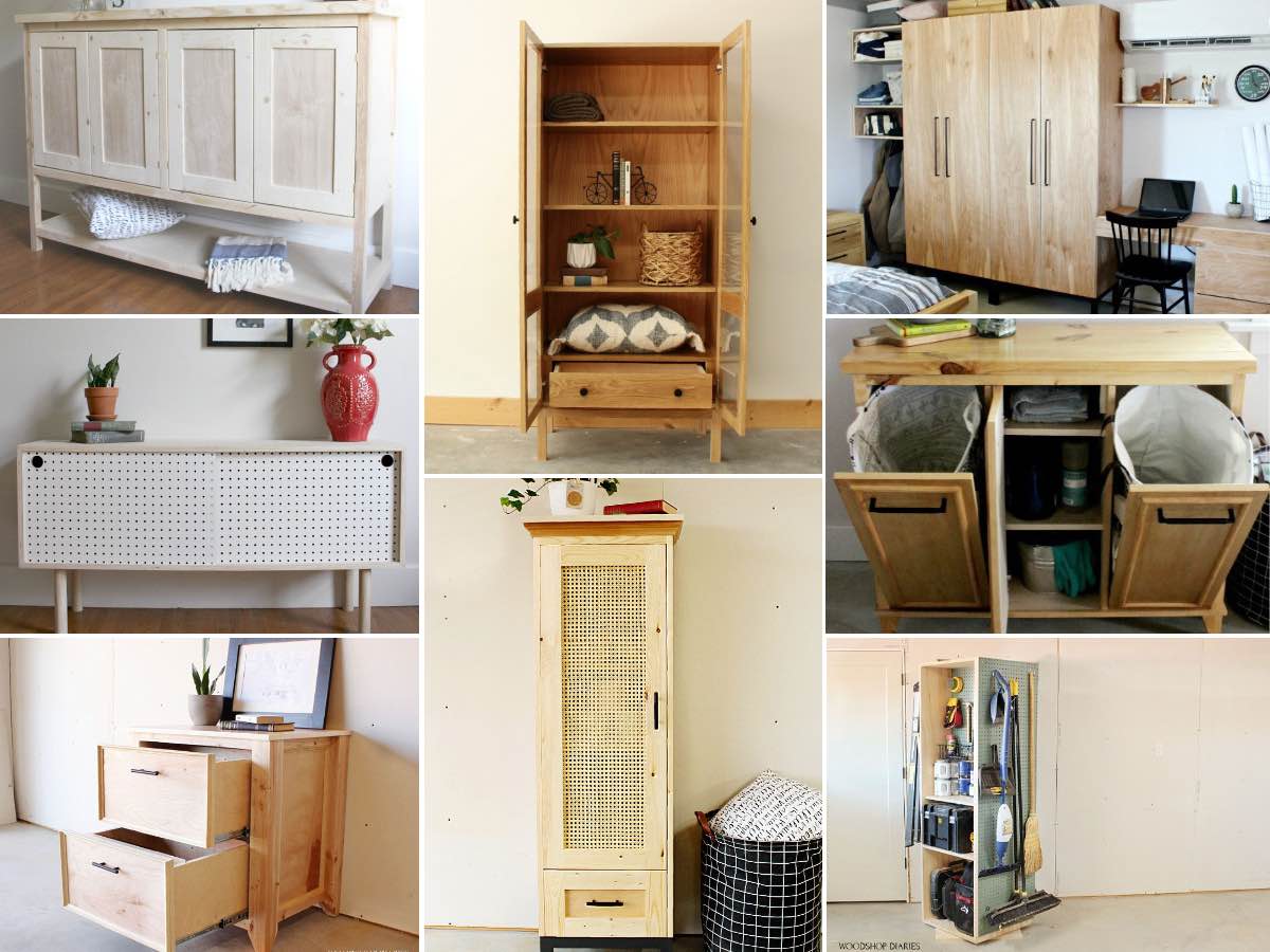 image collage of eight diy storage cabinets