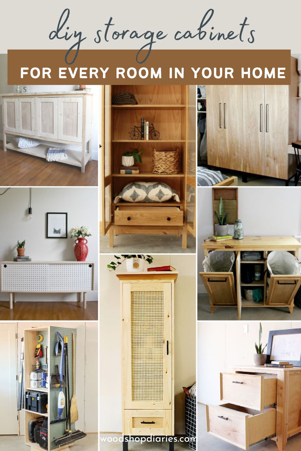 image collage of eight diy cabinets with text overlay "DIY storage cabinets for every room in your home