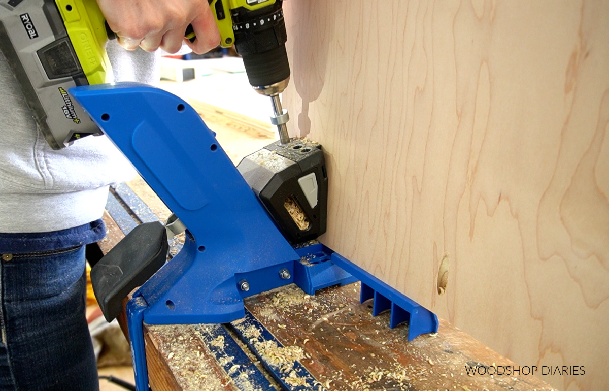 Close up of Ryobi drill drilling pocket holes on Kreg 720 Pocket Hole Jig