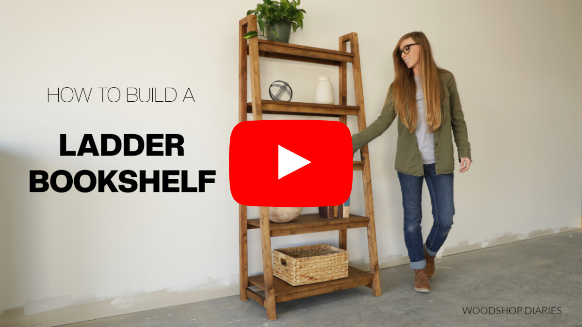 YouTube Thumbnail showing ladder shelf with text "how to build a ladder bookshelf"