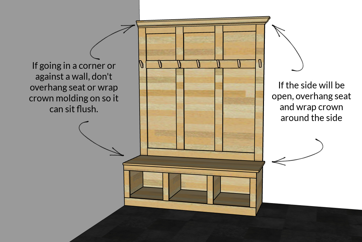 Diagram showing how to handle hall tree bench seat overhang and crown molding if placing in corner
