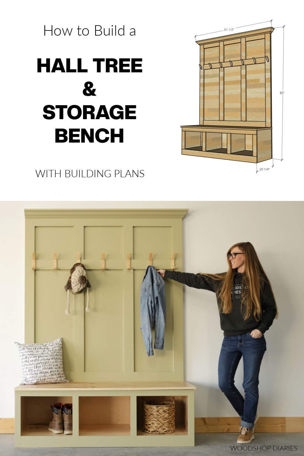Pinterest collage showing overall dimensional diagram at top with completed hall tree storage bench at bottom with text "how to build a hall tree & storage bench with building plans"