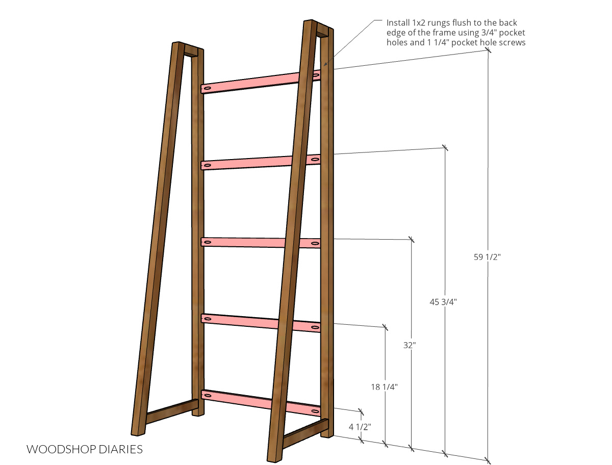 Ladder bookshelf dimensional diagram showing where to install the back shelf supports