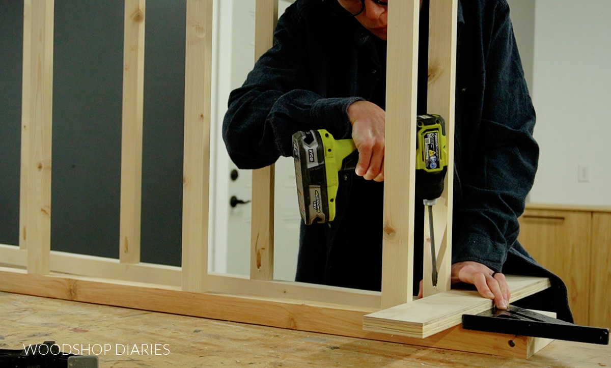 Shara Woodshop Diaries installing DIY freestanding ladder bookshelf support rungs using pocket hole screws