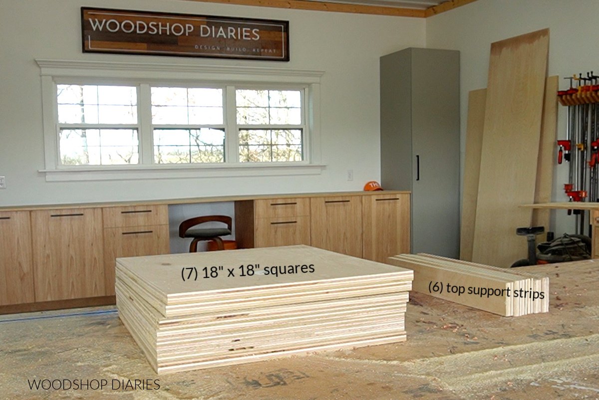 Plywood pieces to assemble storage bench stacked on workbench