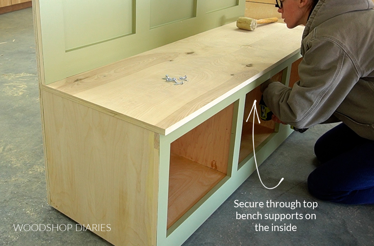 Shara Woodshop Diaries installing bench seat using screws from the inside