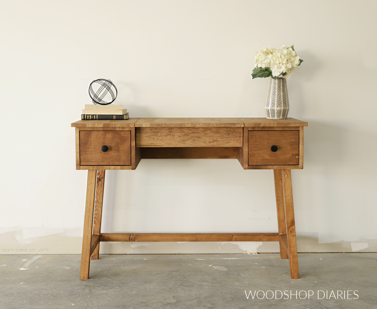 DIY wooden makeup vanity desk with top closed stained in Early American with