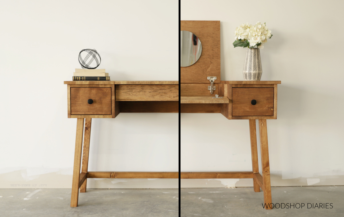 Collage image showing left side DIY vanity desk closed and right side vanity desk with flip top open