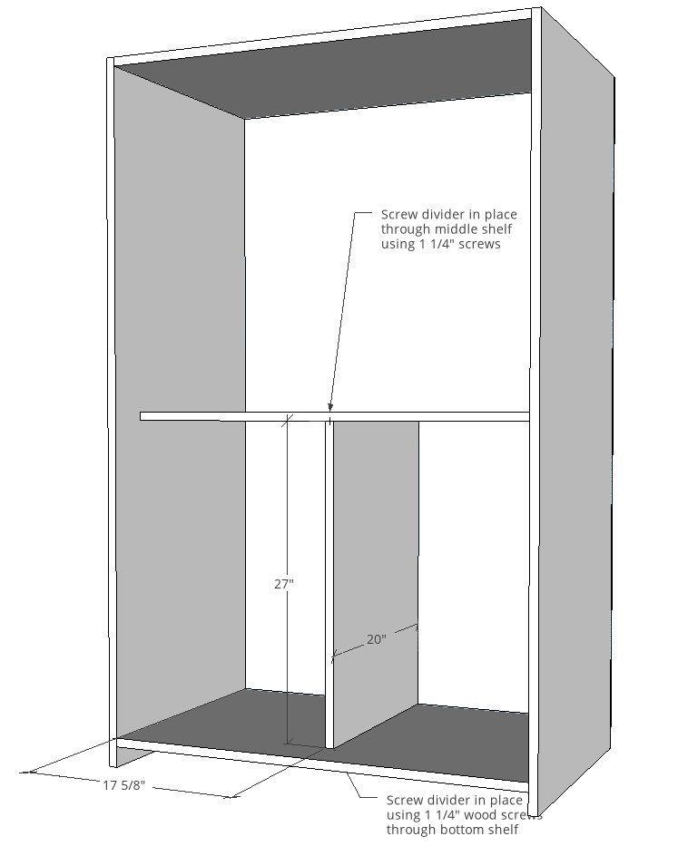 Dimensional diagram showing where and how to install middle and center divider panels into armoire wardrobe cabinet