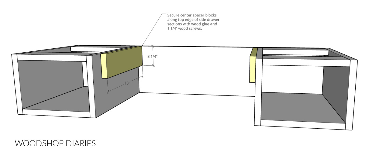 Diagram showing where to attach center supports in makeup vanity desk
