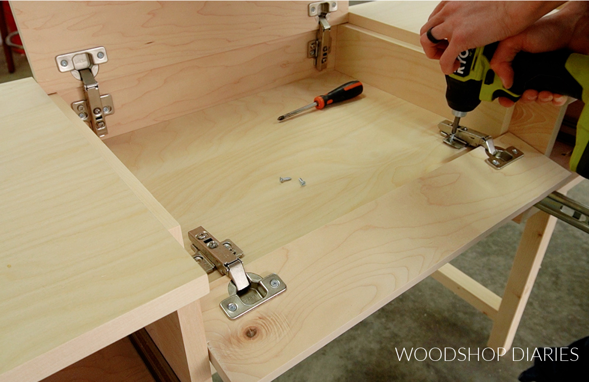 Ryobi driver installing concealed hinges to add flip top to vanity desk