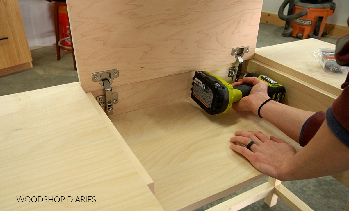 Shara Woodshop Diaries installing hinges to back panel for flip top