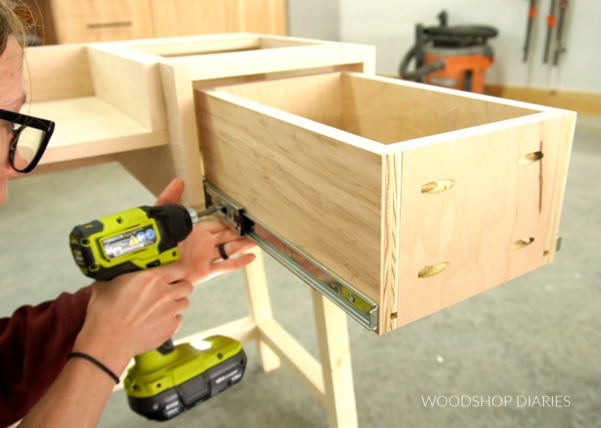 Shara Woodshop Diaries installing drawer box into slides