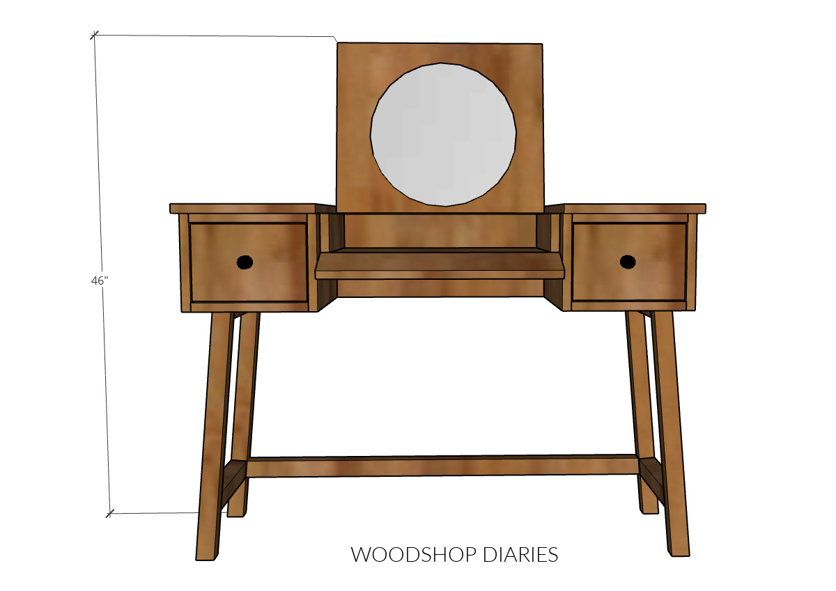 Dimensional diagram of vanity desk with flip top open