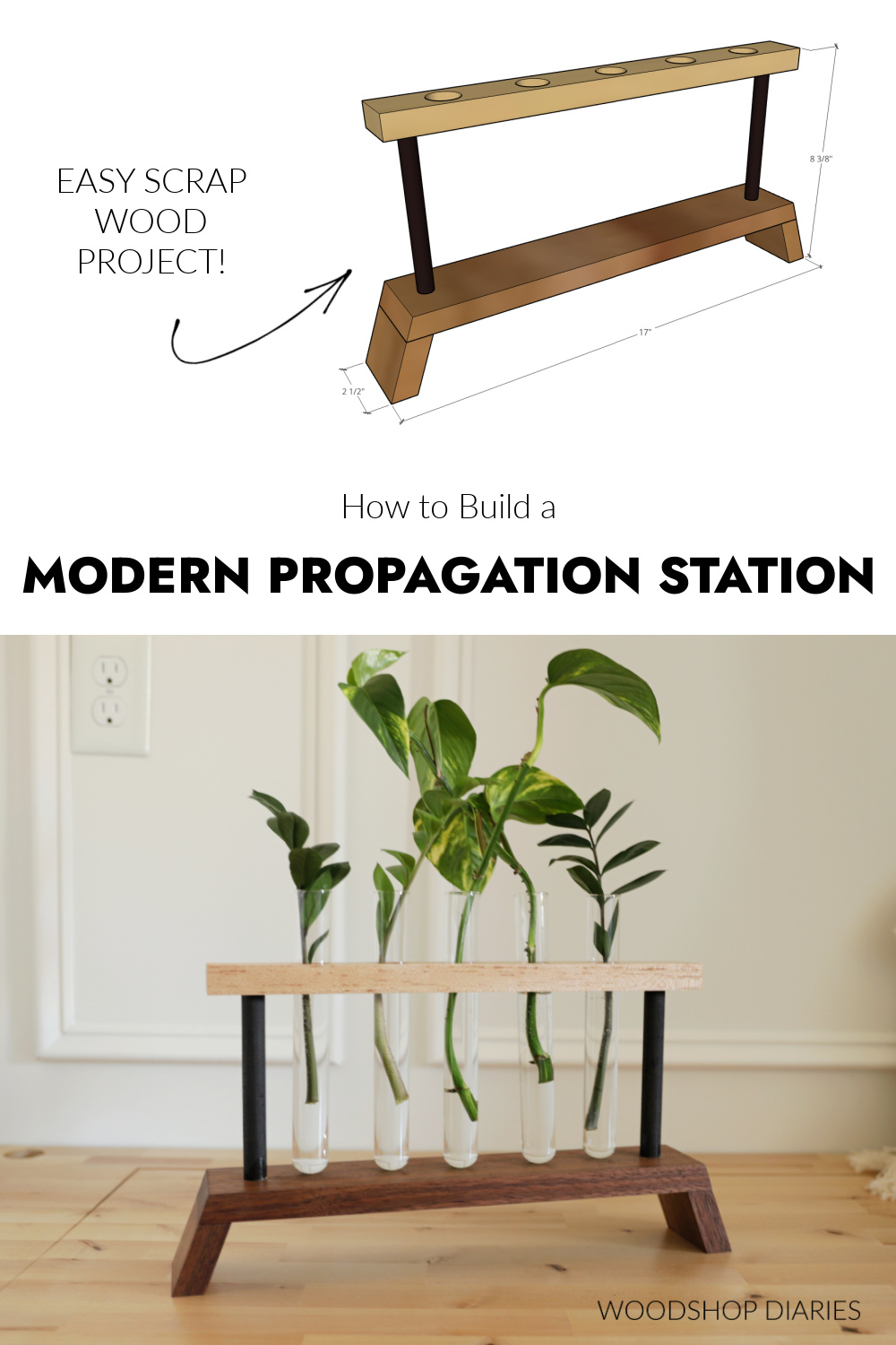 Easy Modern DIY Propagation Station pinterest collage image showing overall dimensional diagram at top and finished project at bottom with text "how to build a modern propagation station"
