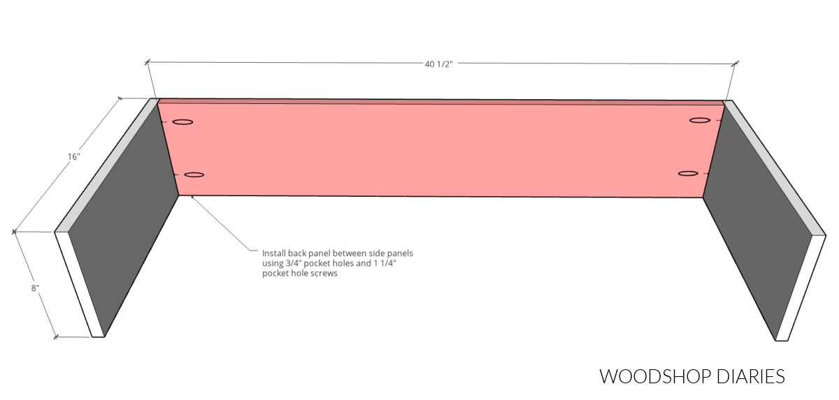 Diagram showing how to attach DIY vanity desk back panel to sides