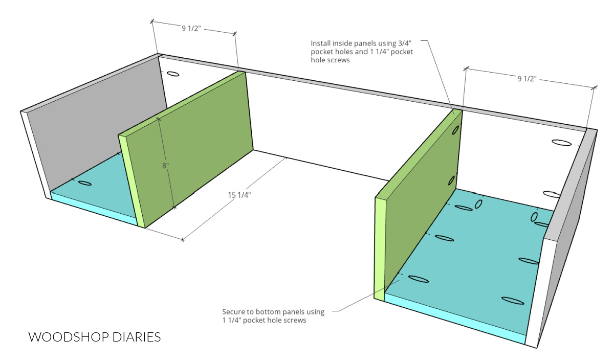 Diagram showing how to attach inside panels on desk