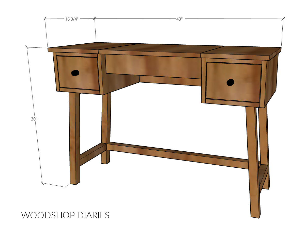 Overall dimensional diagram of vanity desk when closed