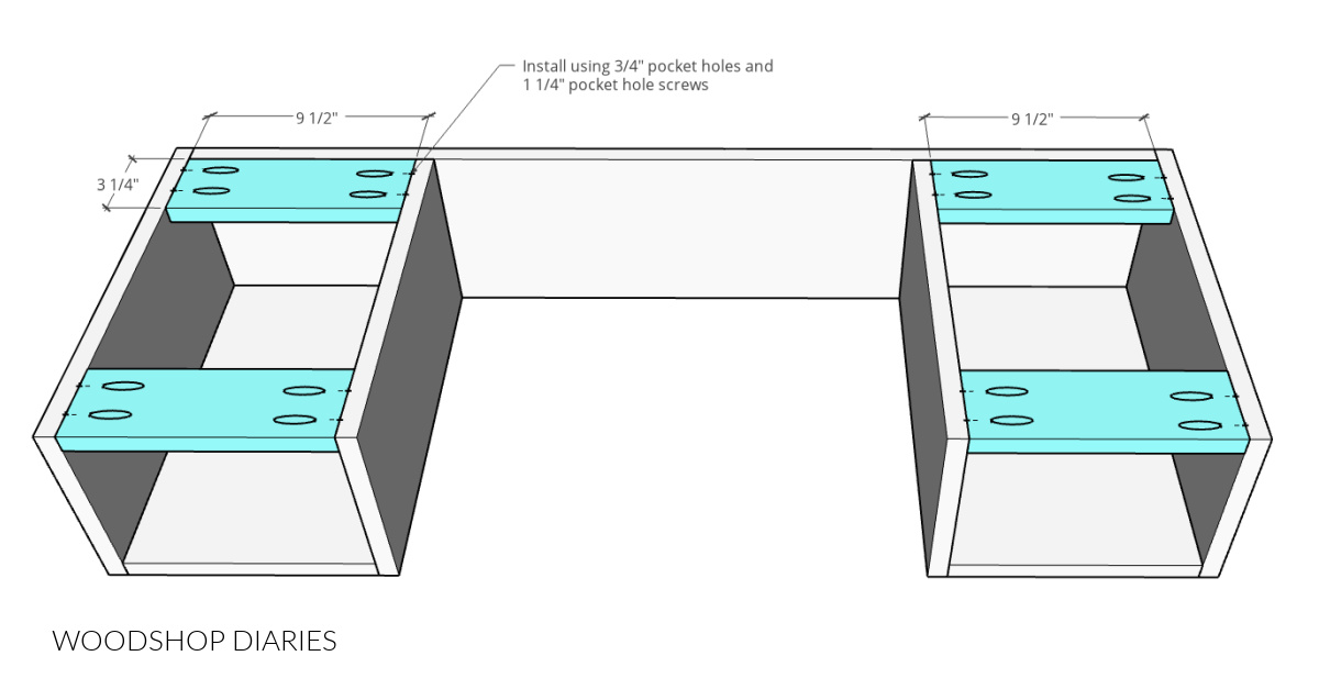 Diagram showing top supports in makeup vanity assembly