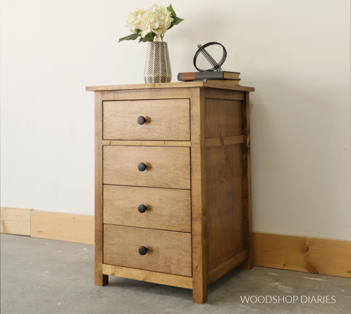 Wooden DIY end table with 4 drawers and black knobs