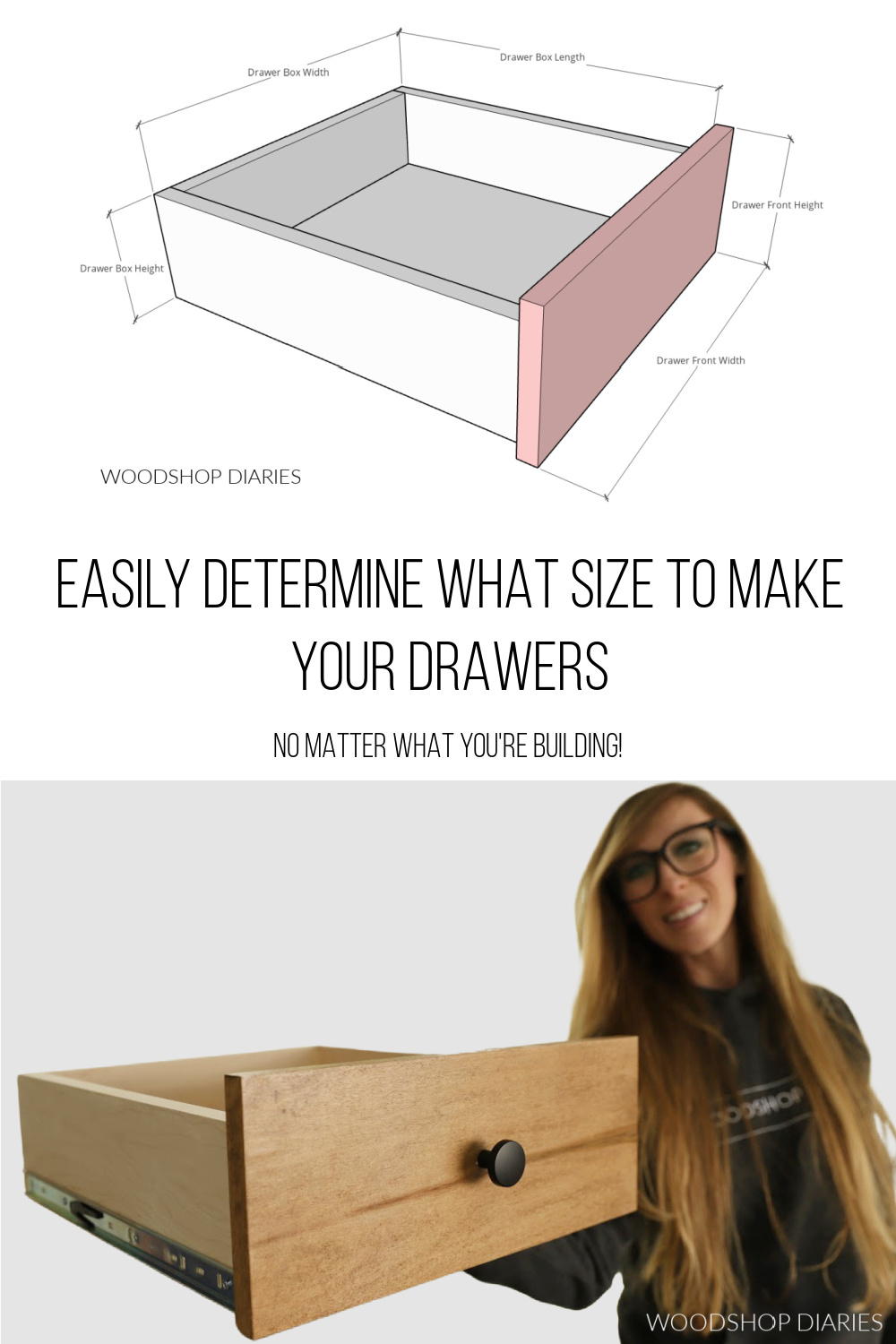Pinterest collage image showing drawer dimension diagram at top and Shara Woodshop Diaries holding drawer box at bottom