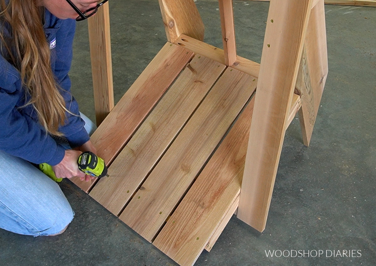 Shara Woodshop Diaries installing back slats onto back seat frame