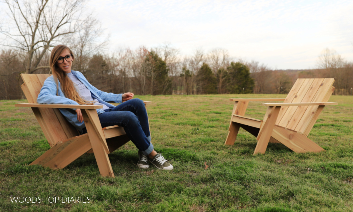 Shara Woodshop Diaries sitting in modern Adirondack chair with empty chair next to it