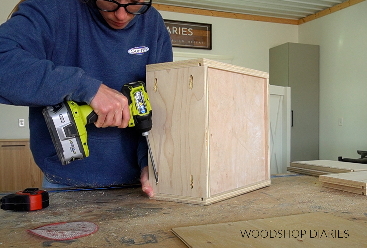 Shara Woodshop Diaries assembling drawer box using pocket holes and screws