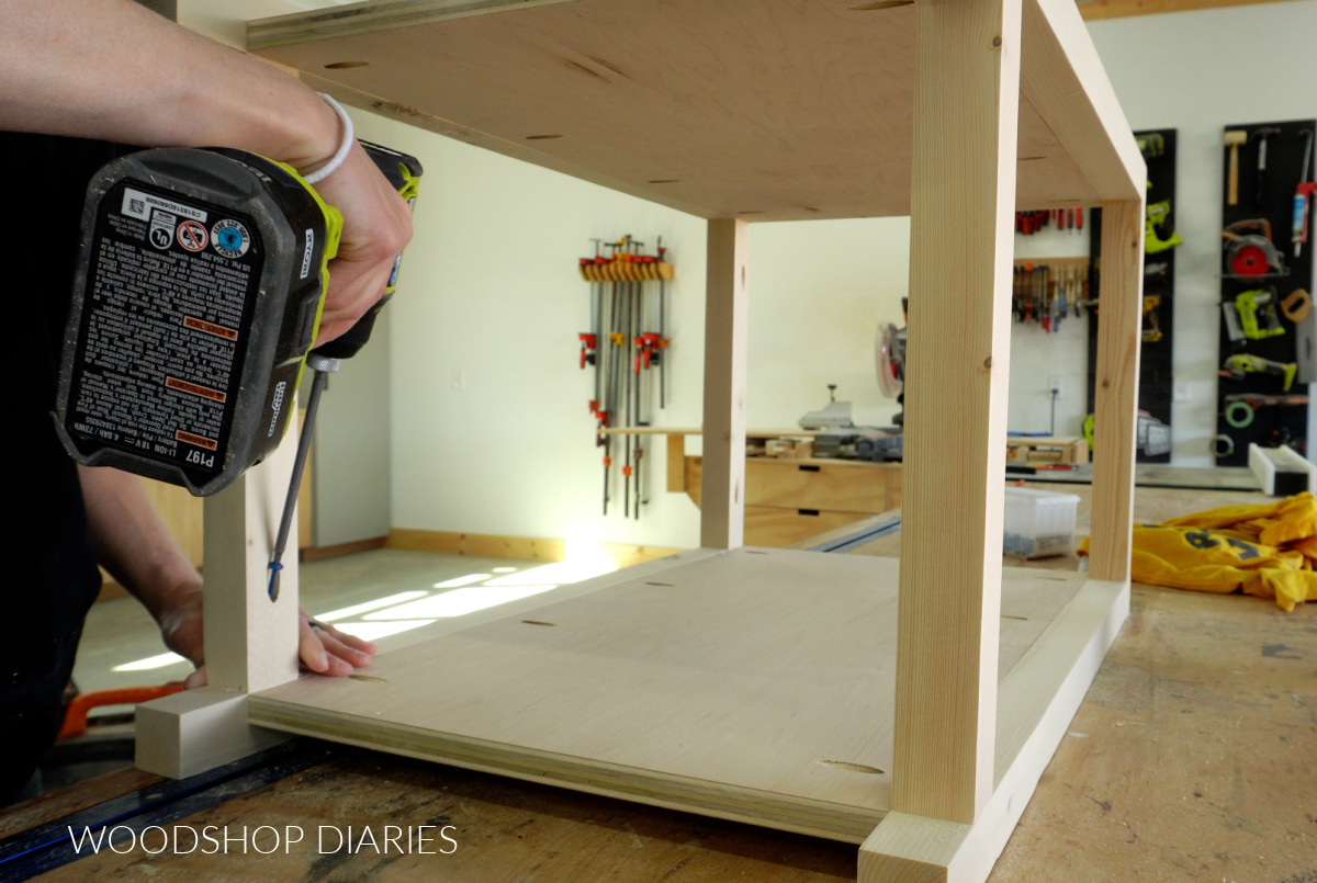 Shara Woodshop Diaries driving pocket hole screws through 2x2s to assemble end table frame