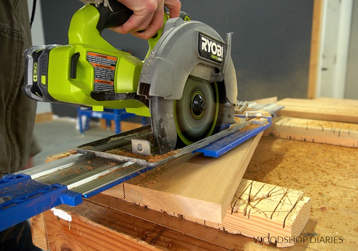 Circular saw on Kreg AccuCut cutting top edge of Adirondack chair leg